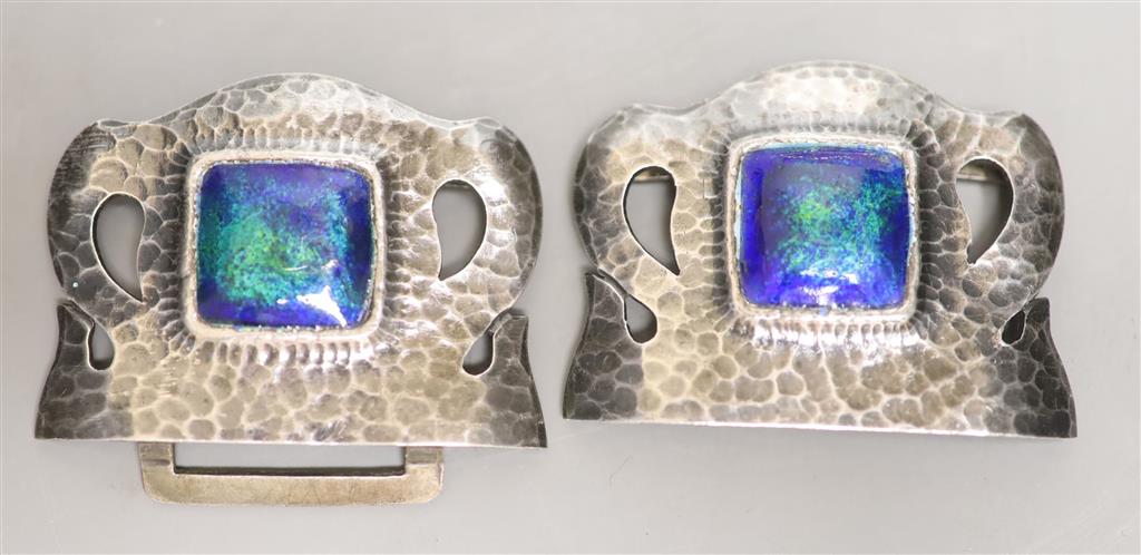 An Edwardian Art Nouveau Liberty & Co silver and enamel belt buckle, no.62, Birmingham, 1908, 67mm, gross 33.1 grams.